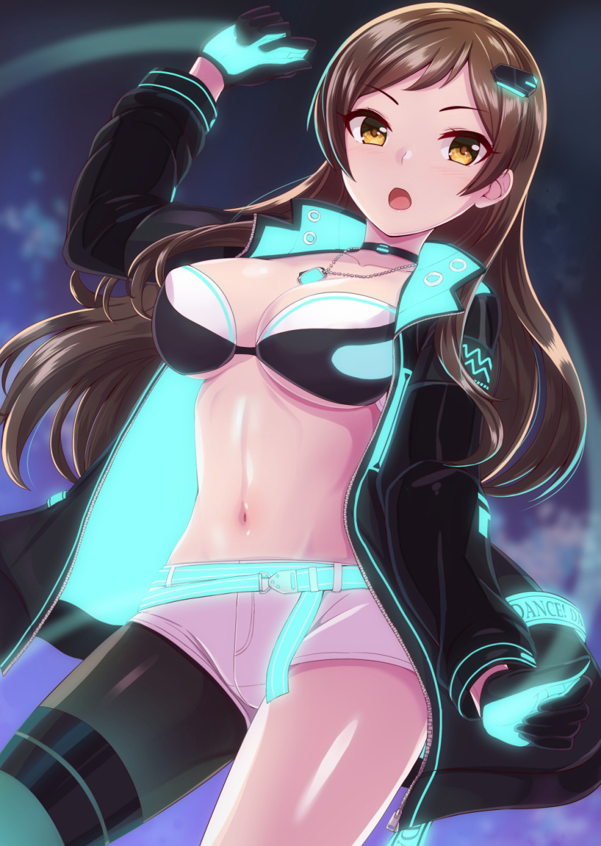 :o bikini bikini_top_only bikini_under_clothes black_choker black_gloves black_jacket black_legwear blue_gloves breasts brown_eyes brown_hair choker cleavage collarbone dan_(orange_train) dance_on_the_galaxy_(idolmaster) dog_tags female floating_hair gloves headgear highres idolmaster idolmaster_million_live! jacket kitazawa_shiho large_breasts long_hair long_sleeves looking_at_viewer midriff motion_blur navel no_shirt open_clothes open_jacket pantyhose_under_shorts parted_bangs shiny_skin short_shorts shorts single_leg_pantyhose solo standing stomach swimsuit two-tone_gloves underboob unzipped very_long_hair white_shorts