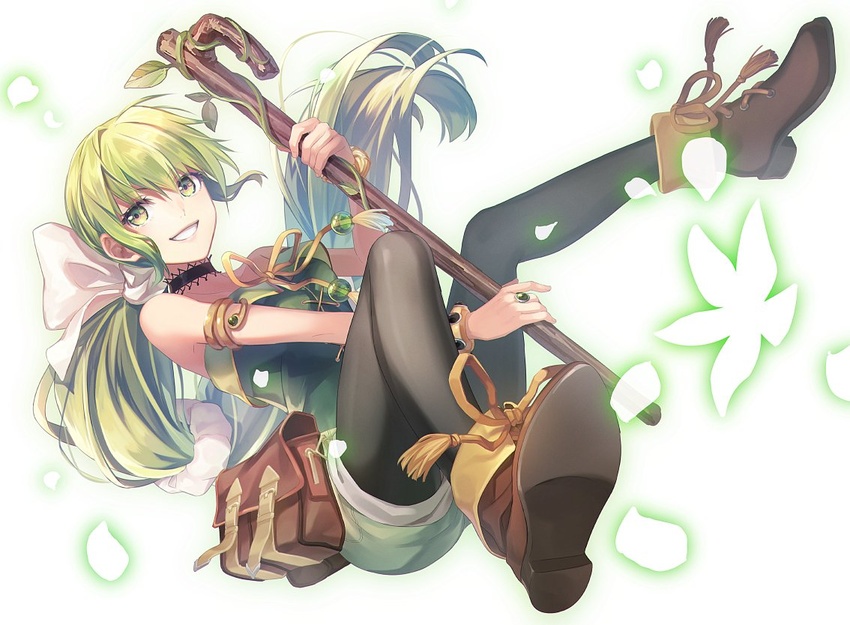 bare_shoulders black_pantyhose bow breasts choker commentary_request female green_eyes green_hair hair_ribbon itsuya_(daystar) long_hair looking_at_viewer multi-tied_hair open_mouth pantyhose pantyhose_under_shorts ponytail ribbon saga saga_frontier_2 shorts smile solo staff very_long_hair virginia_knights weapon