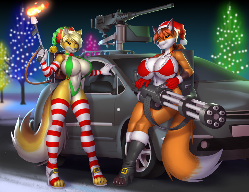 2019 absurd_res anthro armwear big_breasts bikini black_nose breasts canid canine canis car choker christmas christmas_clothing christmas_headwear cleavage clothed clothing coyote curvy_figure detailed_background digital_media_(artwork) dog_tags duo elf_hat eyebrows female fingers fire flamethrower footwear fox fur gatling_gun gloves gun hair handwear hat headgear headwear hi_res high_heels highleg holidays huge_breasts jewelry legwear looking_at_viewer m2hb machine_gun mammal minigun multicolored_body multicolored_fur navel necklace one-piece_swimsuit outside pak009 plant ranged_weapon santa_hat shoes sling_bikini smile standing stockings swimwear topwear tree vehicle voluptuous weapon wendy_mathias_(lildredre) white_body white_fur