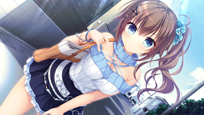 bag black_skirt blue_eyes blue_sky blush bracelet breasts brown_hair cleavage cowboy_shot criss-cross_halter day drapri_guu-ta-life dutch_angle female frilled_skirt frills game_cg hair_between_eyes hair_ornament hairclip halterneck highres holding holding_bag ichinose_suzuka jewelry large_breasts long_hair looking_at_viewer miniskirt off-shoulder_sweater off_shoulder outdoors ribbed_sweater road side_ponytail skirt sky solo standing street sunlight sweater takano_yuki_(allegro_mistic) white_sweater