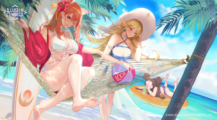 3girls :d absurdres angye_fdez animal_ears armlet ball barefoot beach beachball bikini blonde_hair blue_bikini breasts brown_hair choker cleavage day drinking fangs flower hair_flower hair_ornament hat headband hibiscus highres illusion_connect large_breasts long_hair miyuki_(illusion_connect) multiple_girls o-ring off_shoulder official_art open_mouth orange_hair outdoors phoebe_(illusion_connect) purple_bikini round_eyewear second-party_source selena_(illusion_connect) sitting smile sun_hat surfboard swept_bangs swimsuit thighs white_bikini