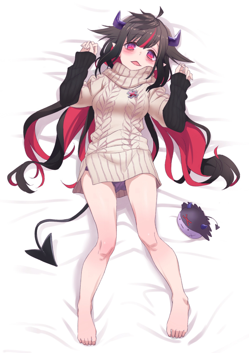 ahoge bags_under_eyes barefoot bed_sheet beige_sweater black_hair blush commentary demon_girl demon_horns demon_tail feet female full_body hair_between_eyes highres horns jewelry long_hair long_sleeves looking_at_viewer lying multicolored_hair necklace nijisanji on_back open_mouth panties pink_hair pointy_ears purple_panties red_eyes sabamen sleeves_past_wrists solo sweater tail toes two-tone_hair underwear upshirt very_long_hair virtual_youtuber yamiyono_moruru yamiyono_moruru_(3rd_costume)