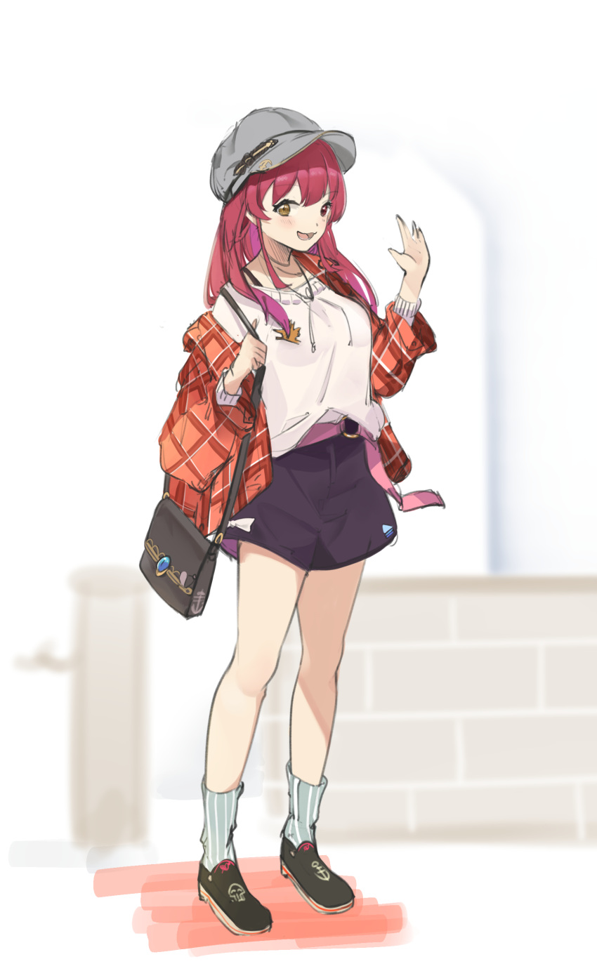 :d absurdres alternate_costume bag blush brown_footwear commentary_request female full_body grey_hat hat heterochromia highres holding_strap hololive houshou_marine jacket long_hair long_sleeves looking_at_viewer mimizuku_(mmiganaru) open_clothes open_jacket purple_shorts red_eyes red_hair red_jacket shirt shoes shorts shoulder_bag smile socks solo striped_clothes striped_socks vertical-striped_clothes vertical-striped_socks virtual_youtuber white_shirt yellow_eyes