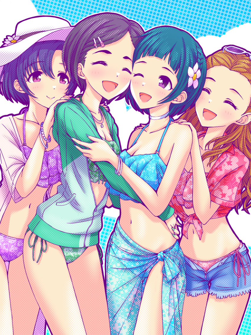 4girls ^_^ ^o^ bikini bikini_under_clothes blue_sky bracelet cheek-to-cheek closed_eyes denim denim_shorts girls_be_next_step_(idolmaster) haua heads_together highres hug idolmaster idolmaster_cinderella_girls jacket jewelry looking_at_another matsuo_chizuru multiple_girls navel okazaki_yasuha one_eye_closed partially_unzipped print_bikini sarong seki_hiromi shiragiku_hotaru shorts side-tie_bikini_bottom side-tie_peek sky smile swimsuit track_jacket