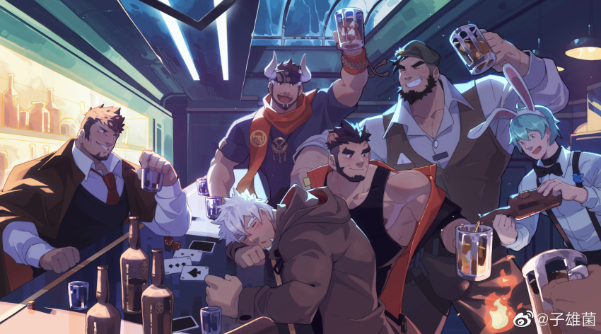 6+boys absurdres alca_(wakatanka4) animal_ears antonio_(gyee) bara beard black_hair black_tank_top black_vest blush bottle creed_(gyee) dice drunk duran_(gyee) facial_hair fake_animal_ears formal gany_(gyee) grin gyee highres indoors jacket jacket_on_shoulders large_pectorals lion_boy lion_ears lion_tail long_sideburns male_focus male_playboy_bunny mature_male multiple_boys muscular muscular_male necktie nipple_slip nipples off_shoulder official_art pectoral_cleavage pectorals poker_chip poker_table rabbit_ears red_eyes red_necktie short_hair sideburns sidepec single_bare_shoulder sleeping smile spiked_hair suspenders table tail takashi_(gyee) tank_top thick_eyebrows two-tone_beard vest zixiong_zix