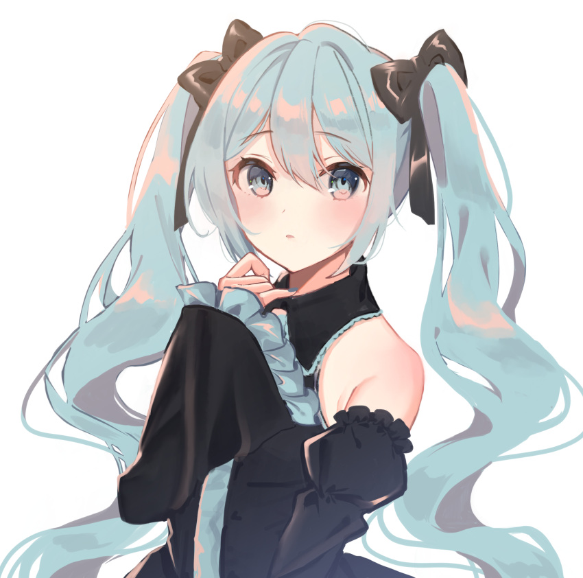 alternate_color bare_shoulders black_bow black_shirt black_sleeves blue_eyes blue_hair blue_nails blue_necktie blush bow collared_shirt commentary detached_sleeves english_commentary female floating_hair frilled_sleeves frills hair_between_eyes hairbow hatsune_miku highres long_hair long_sleeves looking_at_viewer mixed-language_commentary miyakoto nail_polish necktie parted_lips shirt simple_background sleeveless sleeveless_shirt solo twintails very_long_hair vocaloid white_background wing_collar