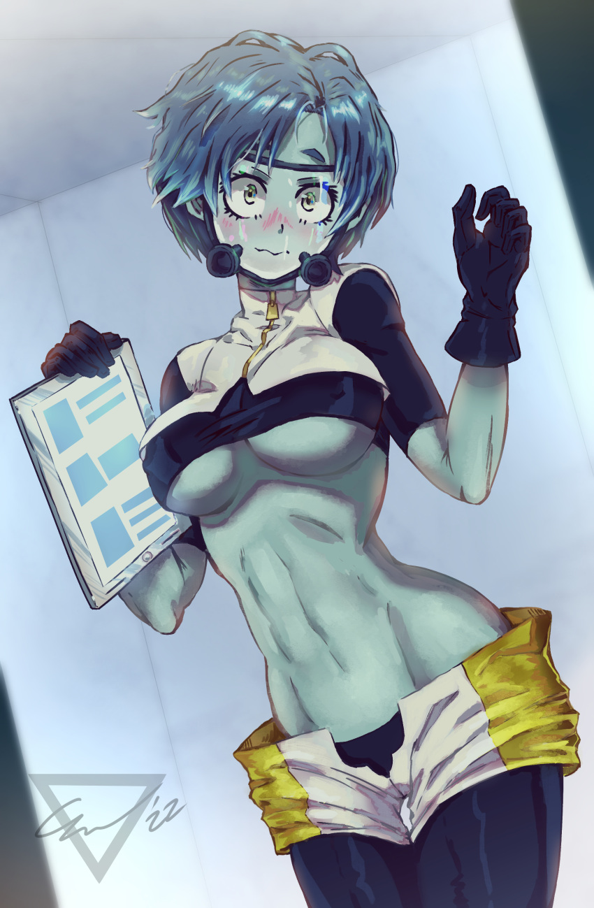 abs absurdres artist_logo artist_name black_gloves black_leggings black_shirt blue_hair blue_skin blush boku_no_hero_academia breasts bubble_girl_(boku_no_hero_academia) closed_mouth colored_skin commentary cowboy_shot crop_top cropped_jacket curled_fingers dated diving_mask dutch_angle embarrassed ethan_wylie eyelashes female gloves goggles grey_eyes groin head_tilt highres hip_focus holding holding_tablet_pc indoors jacket large_breasts leggings leggings_under_shorts looking_at_viewer lowleg midriff navel open_fly shirt short_eyebrows short_hair short_shorts short_sleeves shorts signature sleeveless sleeveless_jacket solo standing stomach superhero_costume tablet_pc thick_eyebrows toned two-tone_shorts underboob very_short_hair w_arms wavy_mouth white_jacket white_shorts yellow_shorts zipper zipper_pull_tab