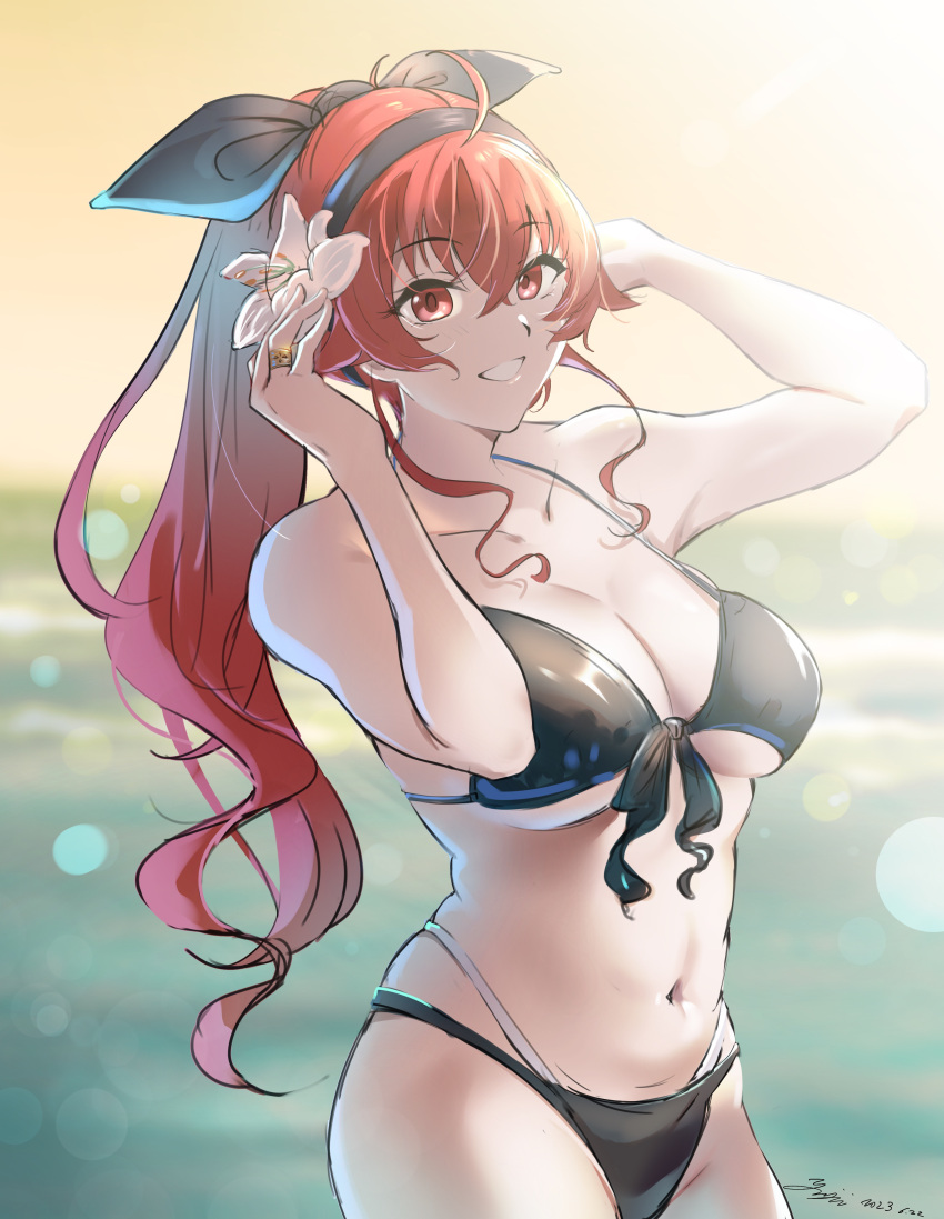 absurdres aged_up ahoge bikini black_bikini black_hairband breasts commentary_request crossed_bangs day eris_greyrat female flower front-tie_top hair_between_eyes hair_flower hair_ornament hairband halterneck highres large_breasts long_hair looking_at_viewer mushoku_tensei navel ocean partial_commentary ponytail red_eyes red_hair smile solo string_bikini swimsuit yujin_(kanouyuuto-0423)