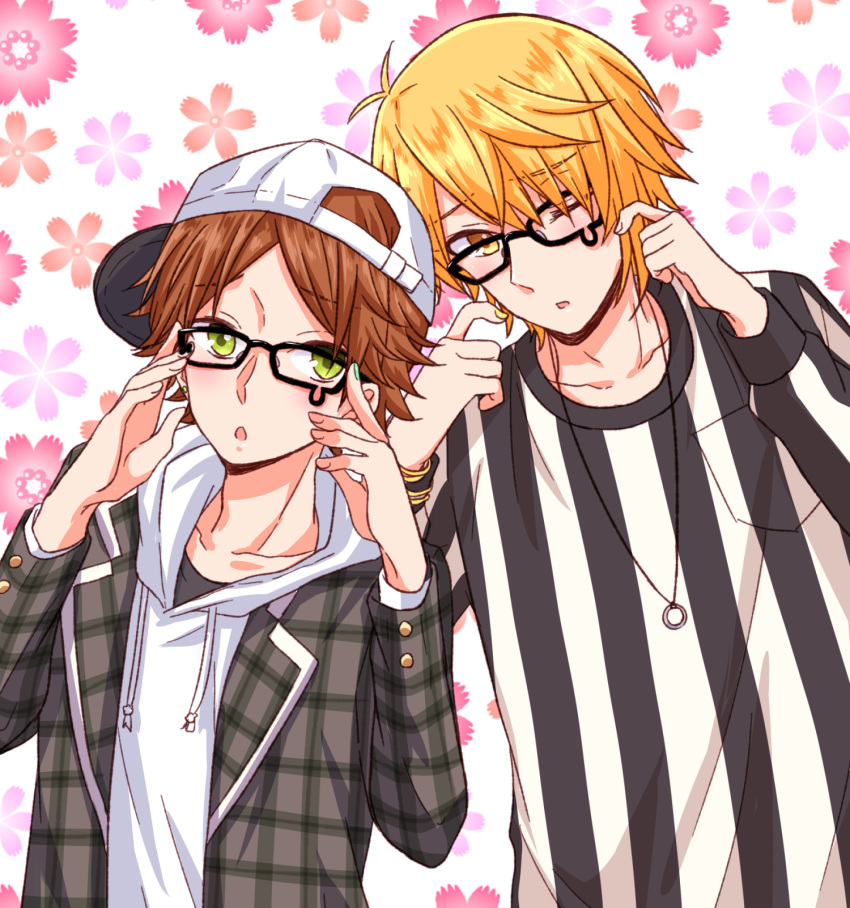 2boys bad_id bad_pixiv_id baseball_cap blonde_hair brown_hair closed_eyes commentary_request drawstring fingernails floral_background glasses green_eyes hat highres hood hood_down hoodie jacket_over_hoodie jewelry lapels long_sleeves male_focus multiple_boys necklace notched_lapels open_mouth parted_bangs partial_commentary ring ring_necklace rummy_73 senra_(utaite) shirt short_hair t-shirt upper_body urashimasakatasen uratanuki utaite yellow_eyes