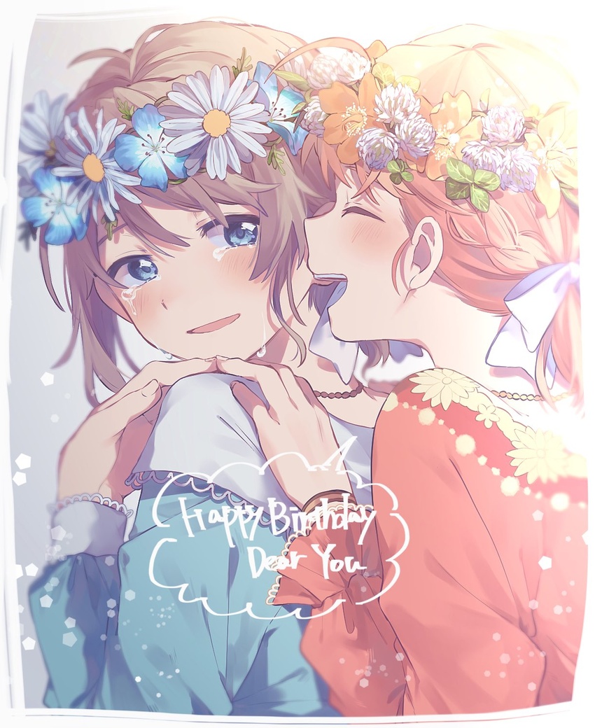 2girls ahoge blue_dress blue_eyes blue_flower blush border braid closed_eyes commentary_request crying crying_with_eyes_open dress english_text flower grey_hair hair_flower hair_ornament hair_ribbon hand_on_another's_shoulder happy_birthday highres jewelry leaf light_particles long_sleeves love_live! love_live!_sunshine!! makura_(makura0128) multiple_girls necklace open_mouth orange_flower orange_hair red_dress ribbon short_hair smile takami_chika tears teeth upper_body upper_teeth_only watanabe_you white_flower white_ribbon yellow_flower