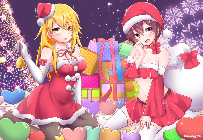 2girls bad_id bad_pixiv_id blonde_hair bow bowtie breasts christmas christmas_present christmas_tree gift hat long_hair multiple_girls night night_sky purple_hair rummy_73 santa_costume santa_hat senko_(urashimasakatasen) senra_(utaite) shima_(utaite) shimako_(urashimasakatasen) short_hair skirt sky thighhighs tongue urashimasakatasen utaite yellow_eyes