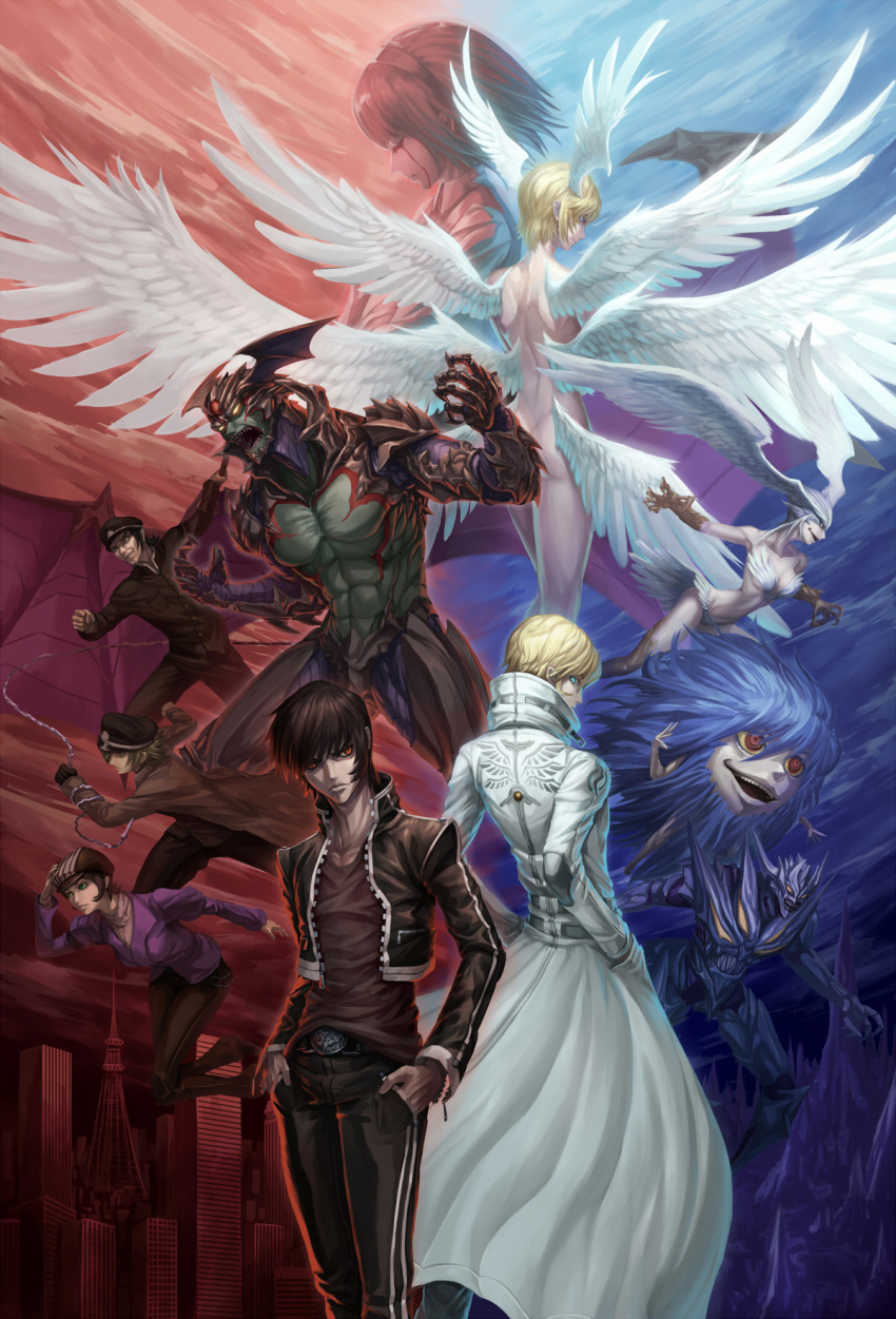 3girls 5boys angel angel_and_devil angel_wings back-to-back belt belt_buckle black_eyes black_gloves black_hair black_headwear blonde_hair blood blood_from_eyes blue_eyes blue_hair brown_coat brown_hair buckle building character_request city claws closed_eyes closed_mouth cloud cloudy_sky coat collarbone colored_sclera commentary_request contrast crying demon demon_wings devilman devilman_(character) feathered_wings fudou_akira gloves glowing glowing_eyes green_eyes grin hair_between_eyes hairband hands_in_pockets hat head_wings highres holding holding_weapon looking_at_another looking_back low_wings monster monster_girl multiple_boys multiple_girls multiple_wings nude open_mouth photoshop_(medium) psycho_jenny red_eyes saikoro_(et1312) satan_(devilman) sharp_teeth short_hair single_glove siren_(devilman) sky smile tears teeth weapon white_coat wings yellow_eyes yellow_sclera zipper zipper_pull_tab