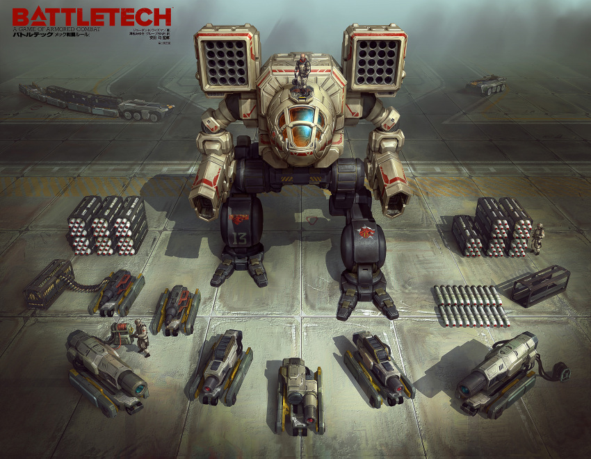 2boys absurdres ammunition_belt battletech bilingual clan_wolf energy_cannon english_commentary english_text equipment_layout flatbed_truck gun highres knolling laser_projector machine_gun machinery mad_cat_(battletech) maintenance male_focus marco_mazzoni mecha military military_vehicle missile missile_pod mixed-language_text motor_vehicle multiple_boys non-humanoid_robot official_art pilot robot rocket_launcher science_fiction translated truck walker_(robot) weapon