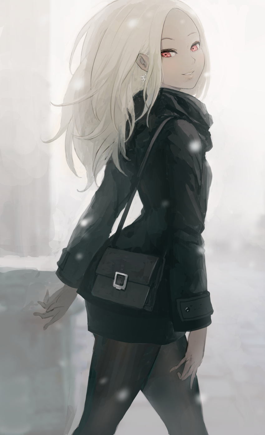 absurdres bag black_coat black_scarf blonde_hair coat commentary_request dark-skinned_female dark_skin earrings female gravity_daze gravity_daze_2 handbag highres jewelry kitten_(gravity_daze) long_hair miniskirt pantyhose red_eyes saitou_shunsuke scarf simple_background skirt smile snow snowing solo thighs