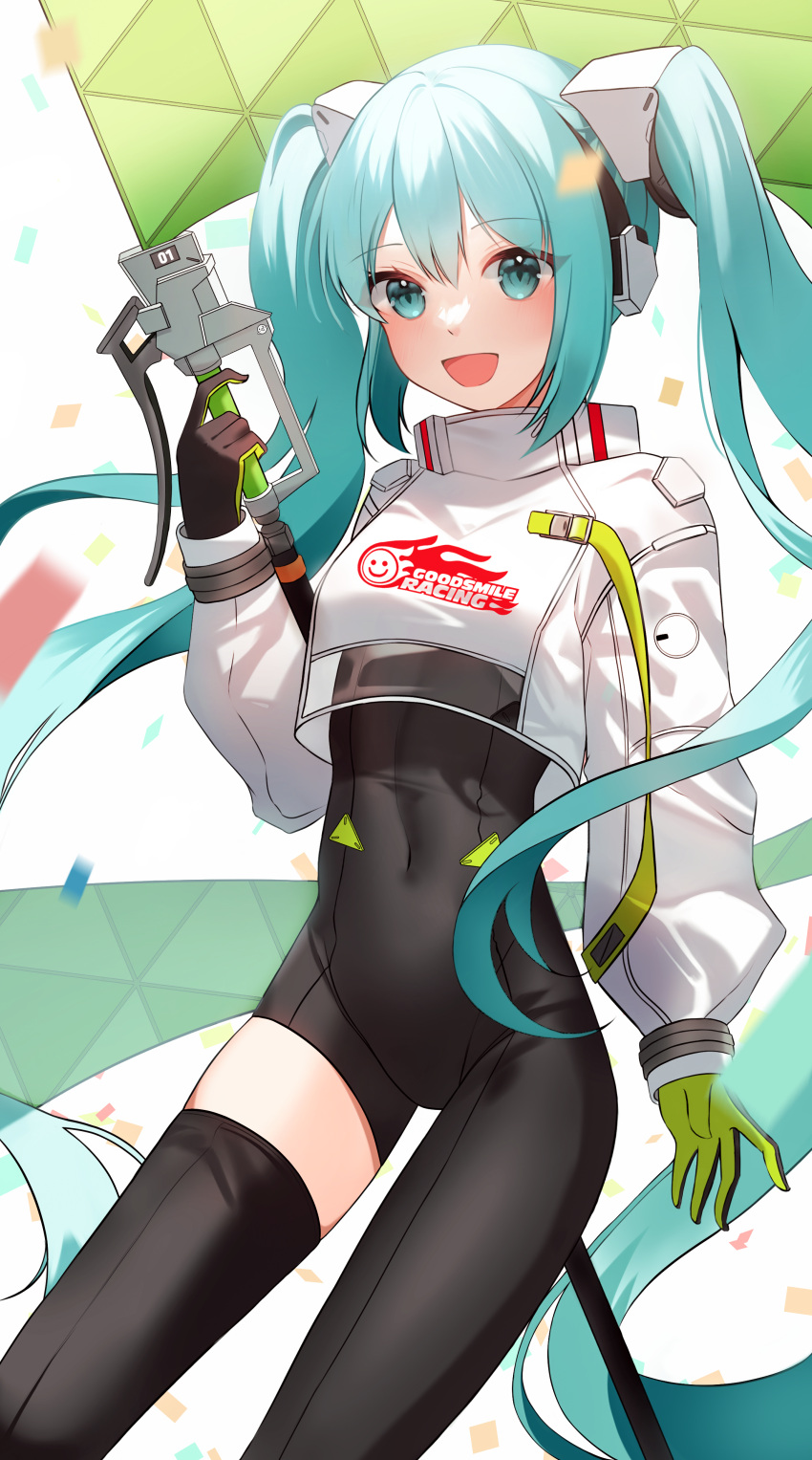 absurdly_long_hair absurdres aqua_eyes aqua_hair asymmetrical_bodysuit black_bodysuit black_gloves bodysuit boots breasts commentary confetti covered_navel cowboy_shot crop_top crop_top_overhang cropped_jacket female flag flagpole flame_print gloves goodsmile_racing green_gloves hair_between_eyes hatsune_miku highres holding holding_flag holding_pole jacket long_hair long_sleeves looking_at_viewer open_mouth pole race_queen racing_miku racing_miku_(2022) simple_background single_thigh_boot single_thighhigh smile smiley_face solo syuma thigh_boots thighhighs twintails two-tone_gloves very_long_hair vocaloid wavy_hair white_background white_jacket