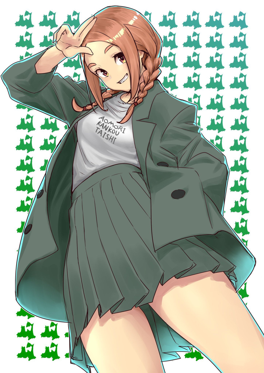 braid breasts brown_eyes brown_hair cowboy_shot female flying_witch from_below green_background green_jacket green_skirt hand_on_own_head highres ishiwatari_nao ishizuka_chihiro jacket looking_at_viewer medium_breasts medium_hair official_art parted_bangs pleated_skirt salute shirt shirt_tucked_in skirt smile teeth thighs twin_braids white_background white_shirt