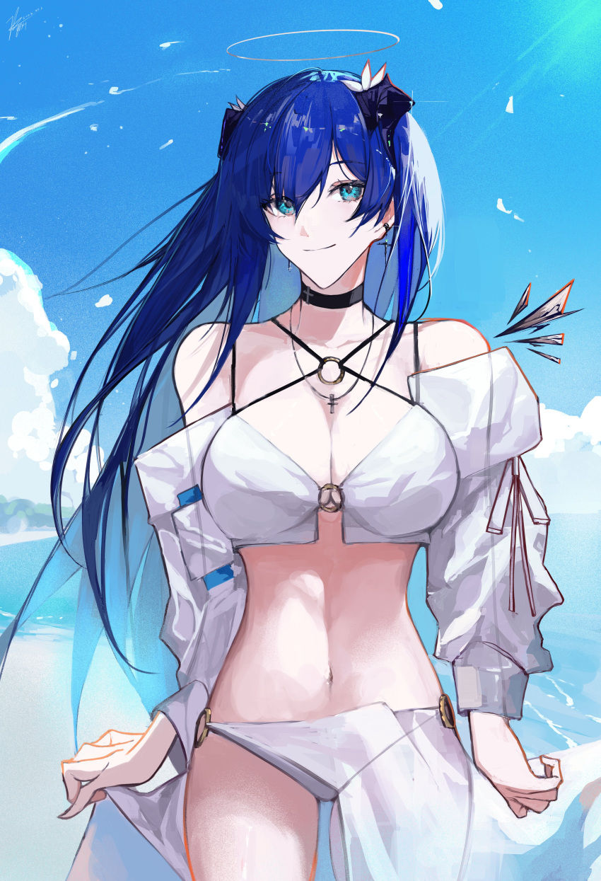 absurdres arknights bikini black_choker blue_eyes blue_hair blue_sky breasts choker closed_mouth cloud collarbone commentary day english_commentary female highres horns long_hair long_sleeves looking_at_viewer mostima_(arknights) navel outdoors puffy_long_sleeves puffy_sleeves sky smile solo standing swimsuit very_long_hair white_bikini yuki_flourish