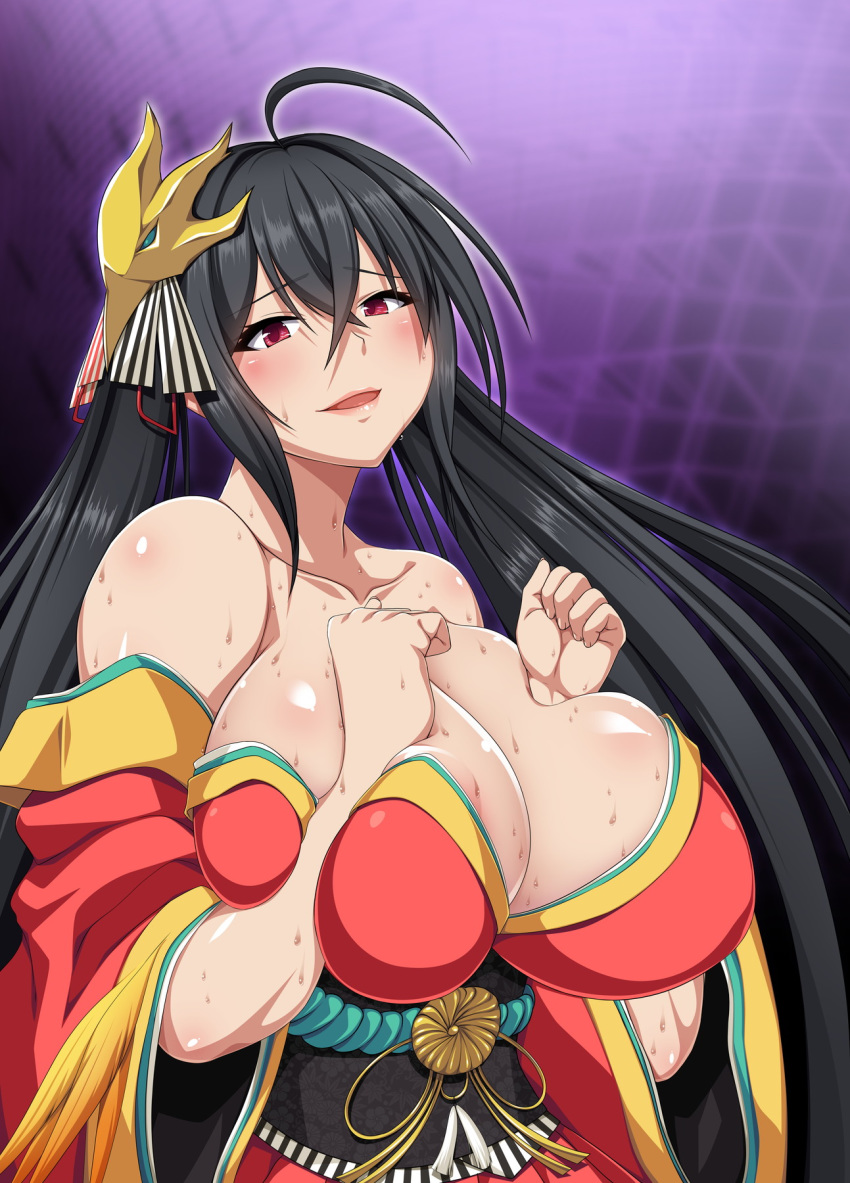 ahoge azur_lane bare_shoulders black_hair blush breasts breasts_squeezed_together cleavage collarbone commentary_request crossed_bangs feather-trimmed_sleeves female hair_between_eyes hair_ribbon head_tilt highres huge_breasts japanese_clothes kimono long_hair long_sleeves looking_at_viewer mask mask_on_head off_shoulder oneone1 open_mouth pepo_(absolute1123) red_eyes red_kimono red_ribbon ribbon shiny_skin smile solo striped striped_ribbon sweat taihou_(azur_lane) twintails very_long_hair wide_sleeves