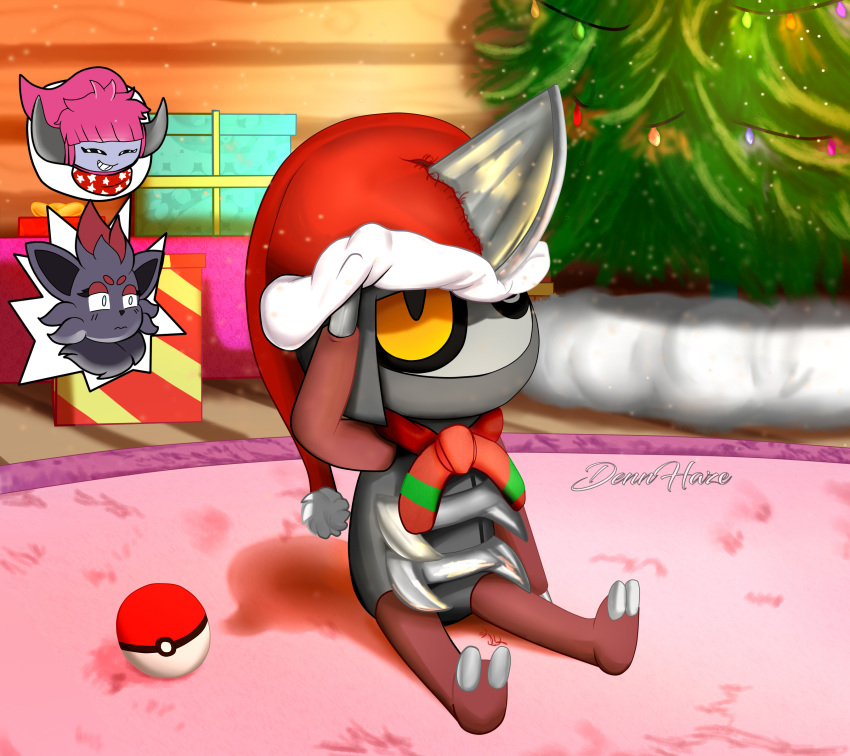 2021 2_toes absurd_res ambiguous_gender anthro christmas christmas_clothing christmas_headwear christmas_present christmas_tree clothing dennhaze detailed_background face_drawing feet generation_5_pokemon generation_6_pokemon gift grey_body hat headgear headwear hi_res holidays hoopa hoopa_(confined) horn inside legendary_pokemon nintendo not_furry pawniard plant pokeball pokemon pokemon_(species) santa_hat scarf signature solo toes tree yellow_eyes zorua