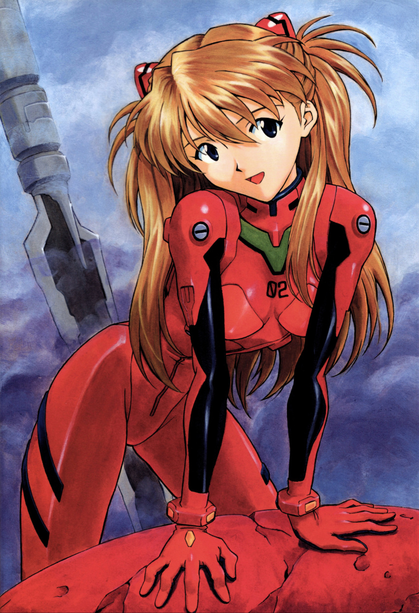 :d absurdres blue_background bodysuit breasts female hair_between_eyes highres interface_headset izurumi long_hair looking_at_viewer medium_breasts neon_genesis_evangelion open_mouth orange_hair plugsuit red_bodysuit scan smile solo souryuu_asuka_langley