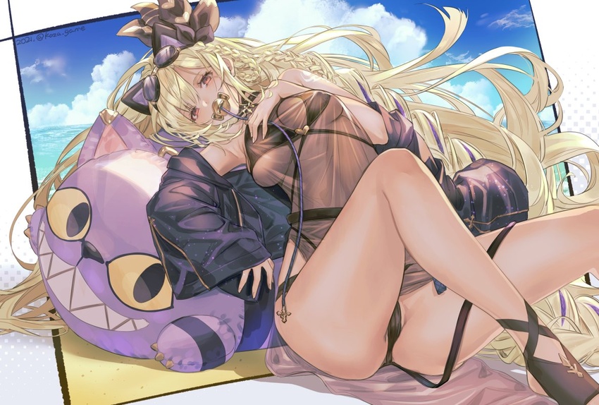 bare_shoulders beach bikini bikini_under_clothes blonde_hair braid breasts cloud dark_skin day eyewear_on_head female granblue_fantasy hair_between_eyes hair_ribbon helel_ben_shalem helel_ben_shalem_(summer)_(granblue_fantasy) horizon jacket koza_game long_hair ocean open_clothes open_jacket pacifier red_eyes ribbon see-through stuffed_animal stuffed_cat stuffed_toy sunglasses swimsuit tattoo twitter_username