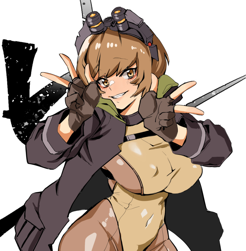 banssee bodysuit breasts brownie_(last_origin) chest_strap commentary_request double_v female fingerless_gloves gloves goggles goggles_on_head grin highres jacket korean_commentary large_breasts last_origin looking_at_viewer short_hair skindentation smile solo v