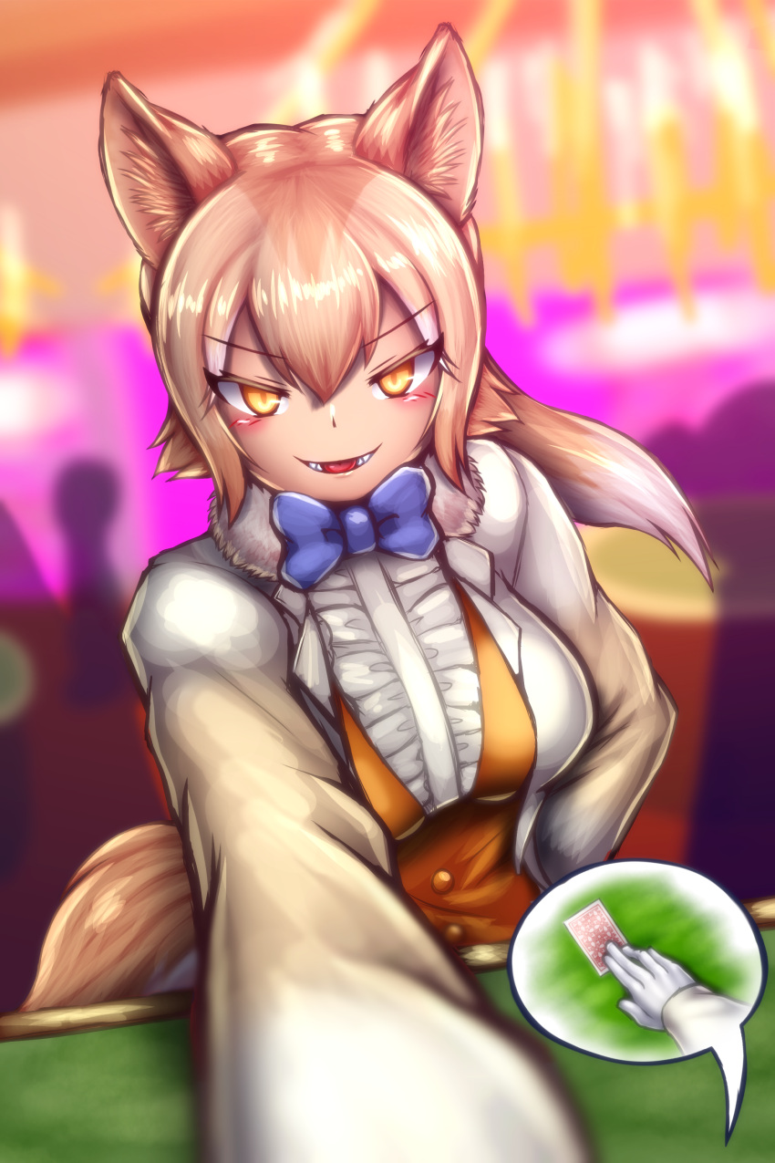 absurdres animal_ear_fluff animal_ears blonde_hair blue_bow blue_bowtie blush bow bowtie breasts card casino center_frills commentary_request croupier dingo_(kemono_friends) dress fangs female formal frills fur_collar gloves hair_between_eyes highres hkanakakia jacket kemono_friends long_hair long_sleeves looking_at_viewer multicolored_clothes multicolored_hair multicolored_jacket open_mouth orange_hair shirt smile tail tuxedo two-tone_jacket waistcoat white_hair white_jacket white_shirt wolf_ears wolf_girl wolf_tail yellow_jacket