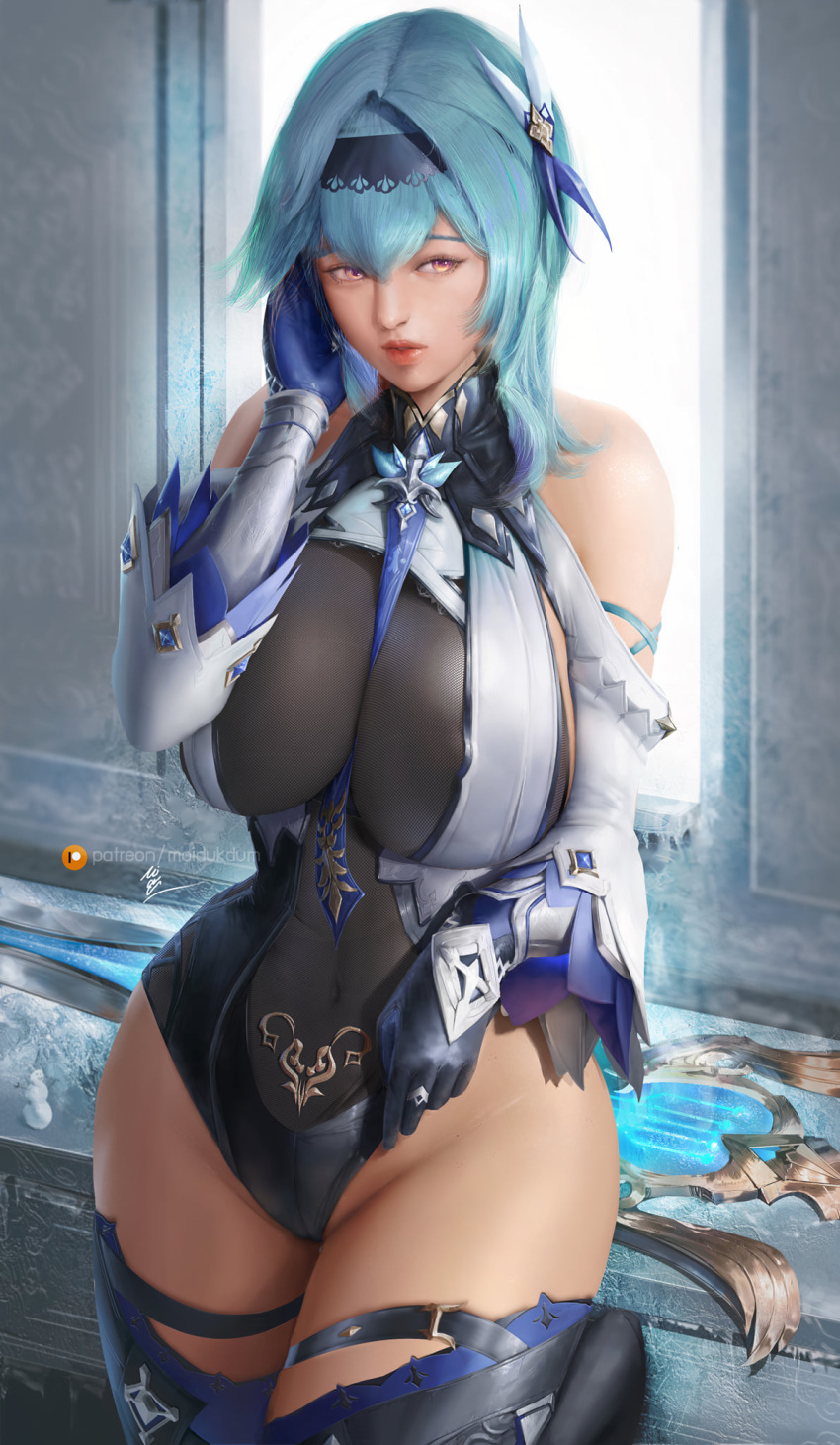 aqua_hair artist_name bad_id bad_pixiv_id bare_shoulders between_breasts blue_gloves blue_necktie breasts commentary eula_(genshin_impact) female genshin_impact gloves groin hair_between_eyes hair_ornament high_collar highres huge_breasts medium_hair mixed-language_commentary moi'dukdum necktie paid_reward_available patreon_username skin_tight solo thai_commentary thick_thighs thighs