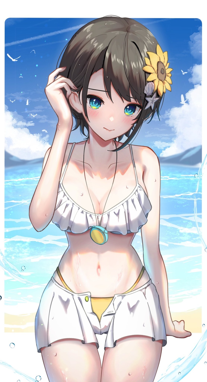 adjusting_hair alternate_costume ao_ne aqua_eyes arm_support beach bikini bird blush breasts brown_hair cleavage closed_mouth cloud cloudy_sky collarbone commentary_request cowboy_shot embarrassed female flower hair_flower hair_ornament hand_up head_tilt highres hololive large_breasts legs_together looking_at_viewer navel oozora_subaru outdoors seagull shadow short_hair sidelocks sitting skindentation sky solo swept_bangs swimsuit thighs virtual_youtuber water wet white_bikini yellow_bikini