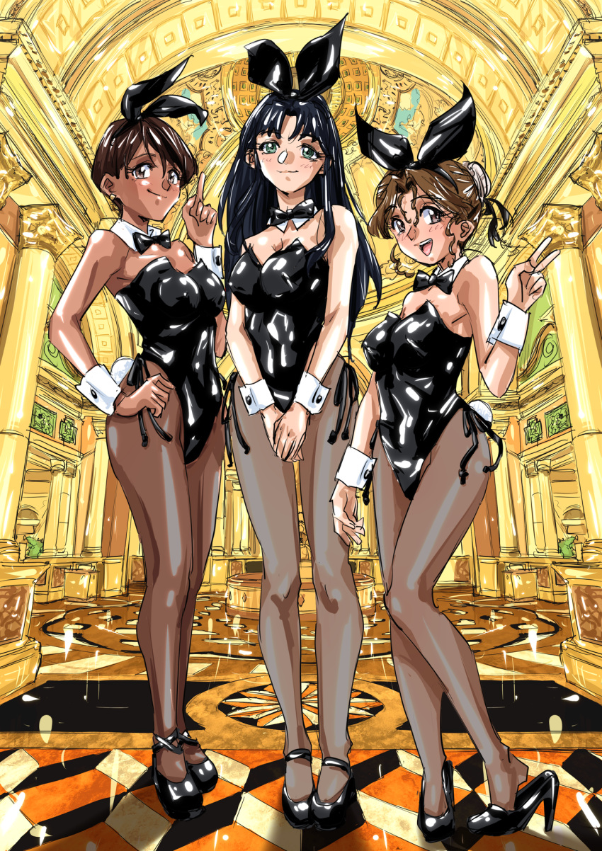 3girls animal_ears black_bow black_bowtie black_hair black_leotard bow bowtie breasts brown_eyes brown_hair cleavage commentary_request dark-skinned_female dark_skin detached_collar fujiwara_aya full_body green_eyes hair_bun hayasaka_akira high_heels highres indoors leotard long_hair looking_at_viewer medium_breasts multiple_girls pantyhose playboy_bunny rabbit_ears rabbit_tail satou_miyou short_hair single_hair_bun standing super_real_mahjong tail toono_mizuki wrist_cuffs