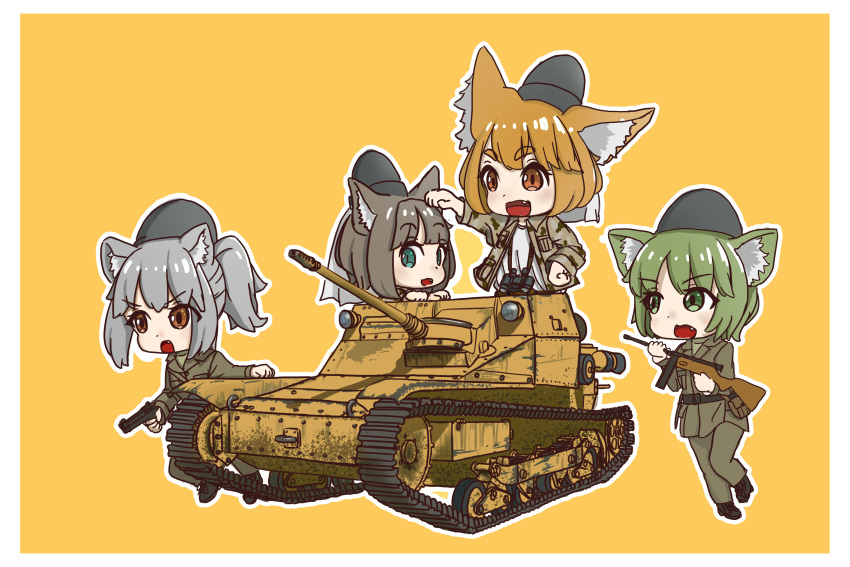 4girls absurdres animal_ears bad_id bad_pixiv_id beretta_m1934 beretta_model_38 binoculars brown_eyes brown_hair carro_veloce_cv-33 cat_ears caterpillar_tracks chibi commentary_request fox_ears green_eyes green_hair grey_hair gun handgun hat highres italy izushi_(keeki) light_brown_hair military military_hat military_uniform military_vehicle motor_vehicle multiple_girls open_mouth original photoshop_(medium) short_hair smile submachine_gun tank uniform weapon yellow_background zanshomimai