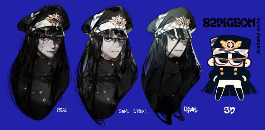 1boy art_shift black_coat black_eyes black_hair black_headwear blue_background chibi closed_mouth coat hat highres korean_commentary long_hair looking_at_viewer male_focus multiple_views original peaked_cap pigeon666 realistic simple_background tusks