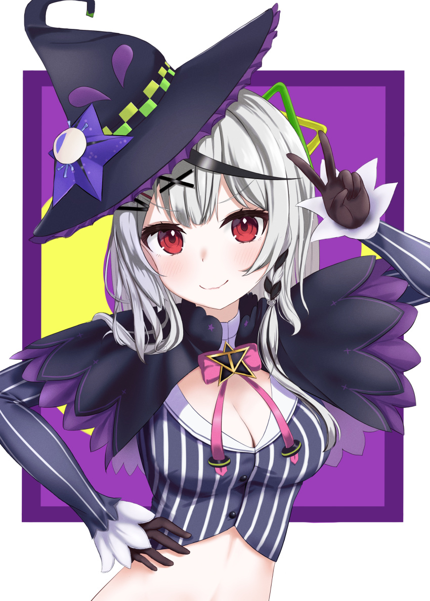 absurdres alternate_breast_size bad_id bad_pixiv_id black_gloves black_hair blush bow braid breasts cleavage cosplay crop_top female gloves grey_hair hair_ornament hand_on_own_hip hat highres hololive large_breasts long_hair looking_at_viewer midriff multicolored_hair murasaki_shion murasaki_shion_(1st_costume) murasaki_shion_(cosplay) o_takibi pink_bow pinstripe_pattern pinstripe_shirt purple_headwear purple_shirt red_eyes sakamata_chloe shirt single_braid smile star_(symbol) star_hair_ornament streaked_hair striped v virtual_youtuber witch_hat x_hair_ornament