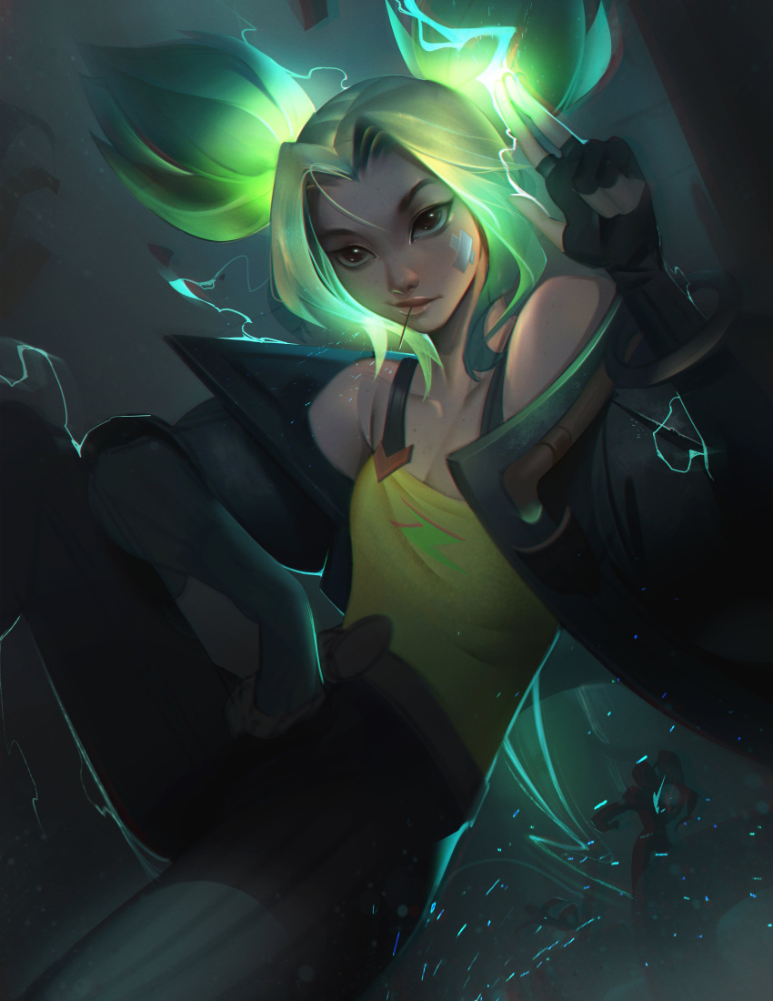 absurdres bandaid bandaid_on_face black_gloves black_jacket black_pants breasts closed_mouth collarbone commentary electricity female fingerless_gloves gloves green_hair hand_up highres jacket league_of_legends lightning looking_at_viewer mouth_hold off_shoulder open_clothes open_jacket pants parted_bangs small_breasts solo_focus striped_clothes striped_pants symbol-only_commentary tank_top twintails vincent_t_(oriaarts) yellow_tank_top zeri_(league_of_legends)