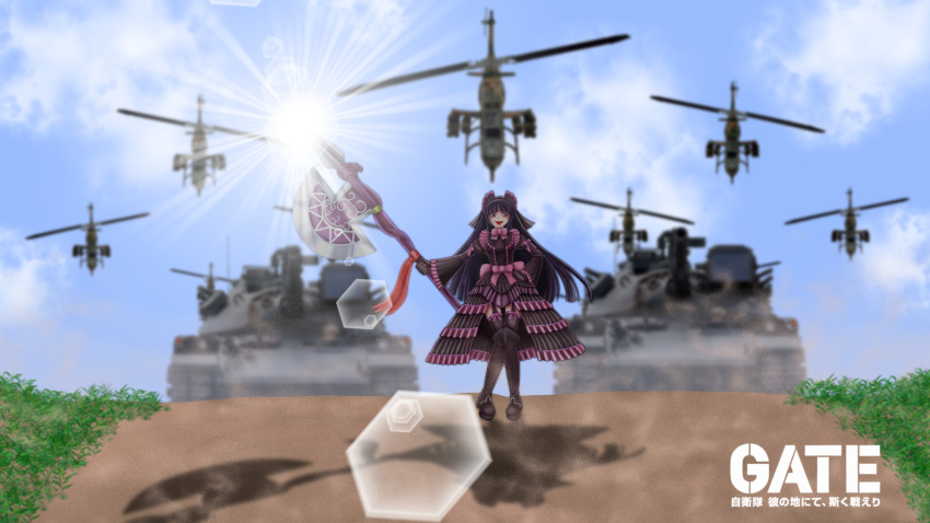 aircraft axe black_hair breasts caterpillar_tracks cloud commentary_request female gate_-_jieitai_ka_no_chi_nite_kaku_tatakaeri grass gun helicopter highres laughing lolita_fashion long_hair military military_vehicle motor_vehicle open_mouth outdoors red_eyes rory_mercury sky solo sun sunlight tami_(tamisan113) tank type_74_(tank) weapon