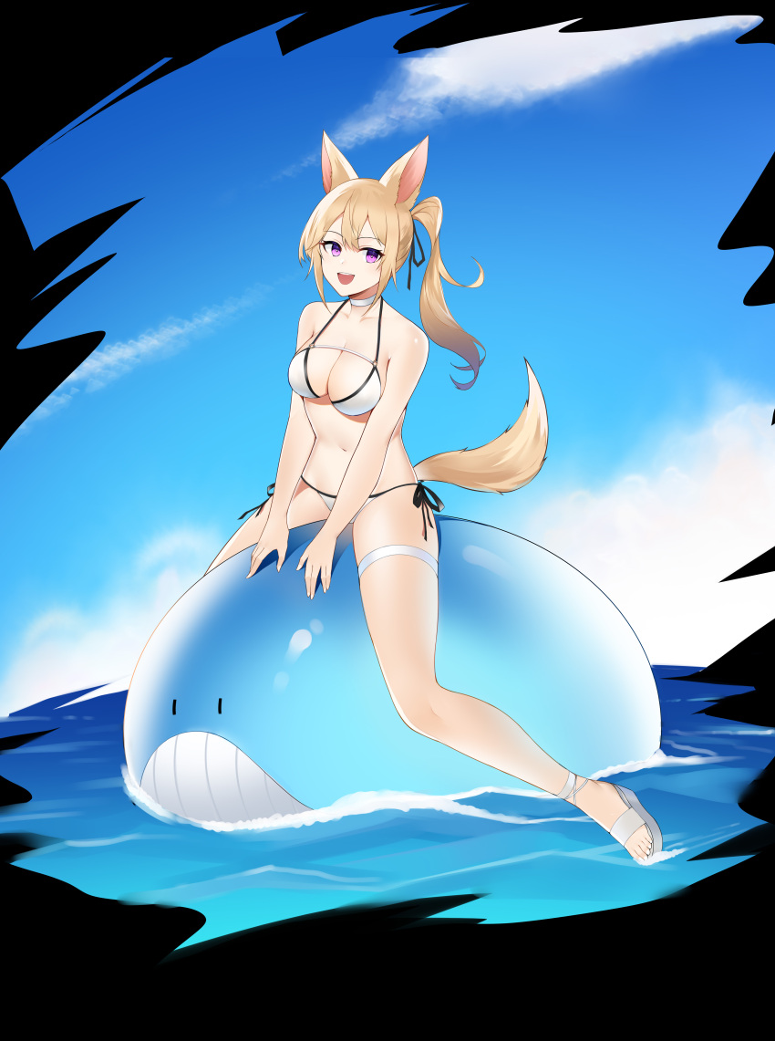 :d absurdres animal_ears bare_shoulders bikini blonde_hair breasts chinese_commentary choker cleavage cloud day feet female full_body hair_between_eyes highres large_breasts looking_to_the_side navel ocean open_mouth original outdoors pink_eyes ponytail riding shidiancijianongpao side-tie_bikini_bottom sky smile solo swimsuit tail teeth thigh_strap thighs toes upper_teeth_only wedge_heels whale white_bikini white_choker white_footwear