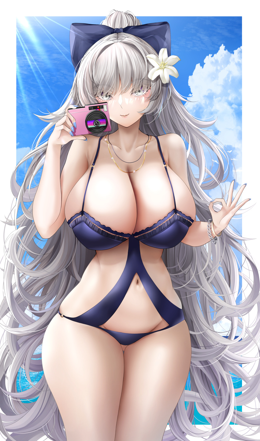 absurdres azur_lane bikini blue_sky bow breasts day female flower gold_necklace grey_hair hair_flower hair_ornament hairbow highres huge_breasts jewelry kouglof0141 linked_bikini long_hair looking_at_viewer monokini navel necklace o-ring o-ring_swimsuit official_alternate_costume purple_bikini purple_bow skindentation sky solo standing swimsuit very_long_hair vittorio_veneto_(azur_lane) vittorio_veneto_(the_flower_of_la_spezia)_(azur_lane) white_flower