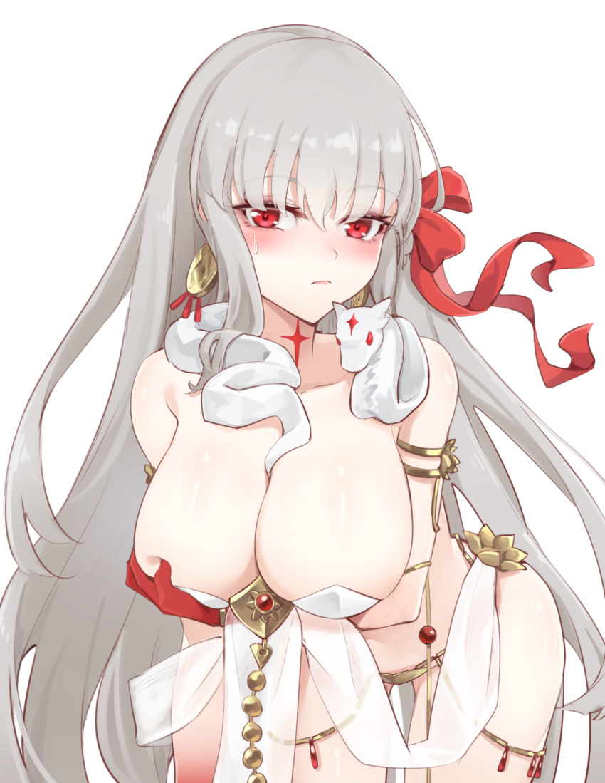 arm_under_breasts armlet bare_shoulders belly_chain blush body_markings bracelet breast_hold breasts cleavage collarbone colored_skin durga_(fate) earrings facial_mark fate/grand_order fate_(series) female forehead_mark gradient_skin grey_hair hair_ribbon highres jewelry large_breasts leaning_forward ling_huanxiang long_hair looking_at_viewer pelvic_curtain red_eyes red_skin revealing_clothes ribbon sash snake solo thighs very_long_hair