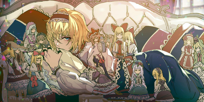 alice_margatroid ascot blonde_hair blue_dress blue_eyes capelet commentary couch doll dress female frilled_ascot frilled_sash frills hairband kaoru_(alicemakoto) lolita_hairband long_sleeves looking_at_viewer lying pink_hairband puffy_sleeves sash short_hair touhou