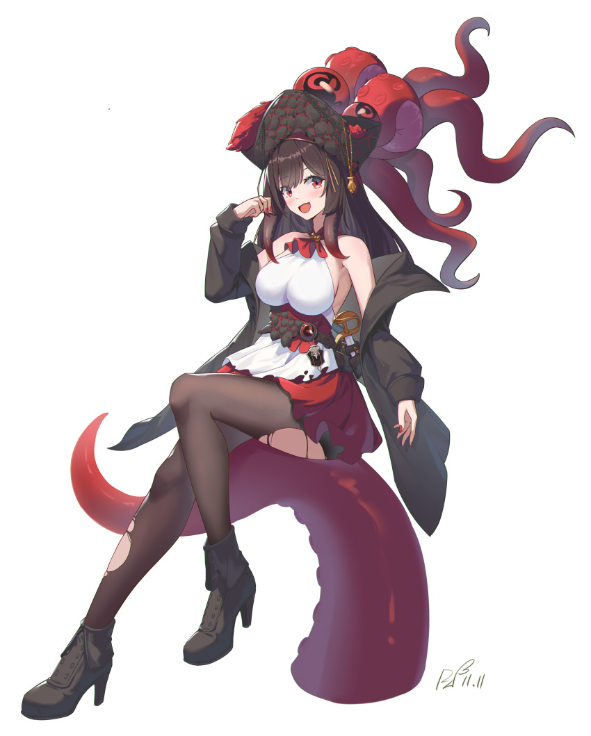 absurdres ascot azur_lane black_footwear black_jacket boots breasts dress female hat high_heel_boots high_heels highres jacket off_shoulder open_mouth pantyhose ping_zhong_yu pirate pirate_hat red_ascot red_eyes red_nails red_skirt royal_fortune_(azur_lane) skirt sleeveless sleeveless_dress sword tentacle torn_clothes torn_pantyhose weapon white_dress