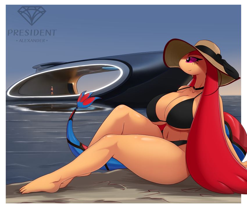 anthro big_breasts bikini black_bikini black_clothing black_swimwear breasts cleavage clothed clothing female generation_3_pokemon hair hat headgear headwear hi_res huge_breasts human mammal marine mila_(president_alexander) milotic nintendo pink_eyes pokemon pokemon_(species) pres._alexander presialexander red_hair seaside solo swimwear thick_thighs vehicle watercraft yacht