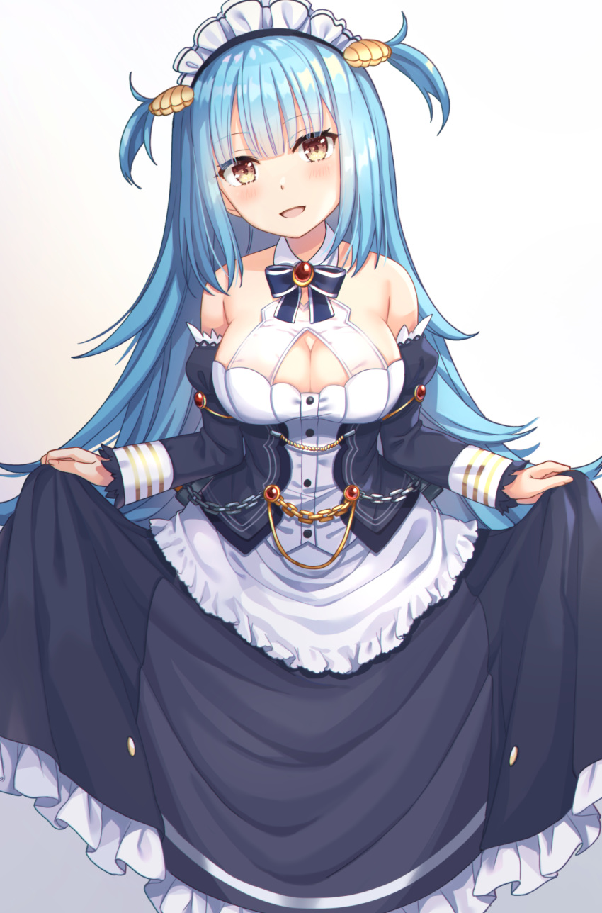 azur_lane bare_shoulders blue_hair blunt_bangs breasts cleavage clothes_lift commentary_request commission dress dress_lift female gradient_background grey_background hair_ornament highres kon_(k0n16) large_breasts lifting_own_clothes long_hair looking_at_viewer maid_headdress neptune_(azur_lane) open_mouth shell_hair_ornament skeb_commission smile solo two_side_up yellow_eyes