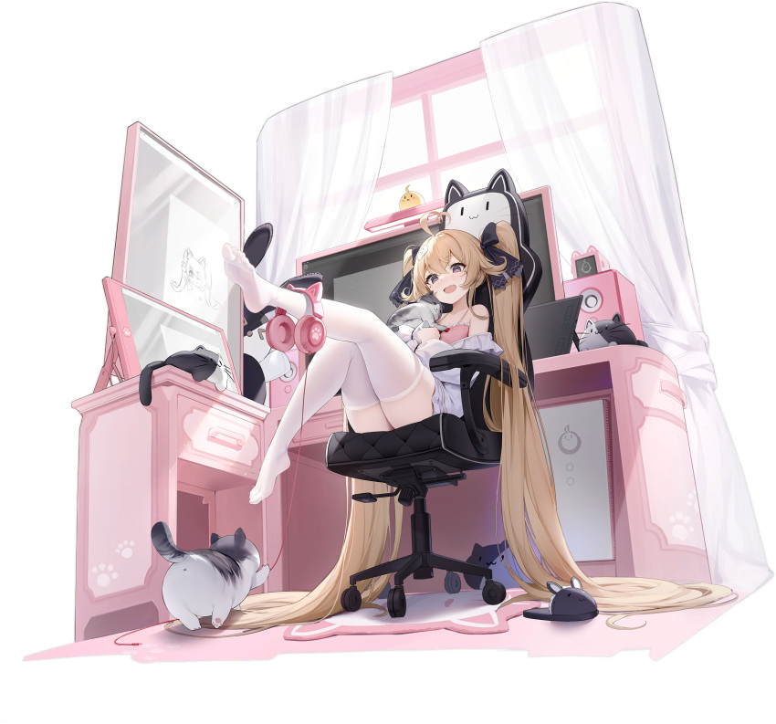 absurdres ahoge animal_ear_headphones animal_ears animal_hands animal_slippers attilio_regolo_(azur_lane) attilio_regolo_(castle_of_inspiration)_(azur_lane) azur_lane bare_shoulders black_ribbon blonde_hair cat_ear_headphones cat_paws chair drawing_tablet dress fake_animal_ears feline female frilled_dress frills hair_between_eyes hair_ribbon headphones highres indoors k.t.cube leg_up long_hair long_sleeves manjuu_(azur_lane) monitor multiple_cats non-web_source off_shoulder official_art open_mouth paw_print pink_shirt purple_eyes ribbon shirt sitting sleeveless slippers smile solo speaker table thighhighs transparent_background twintails very_long_hair white_dress white_thighhighs window