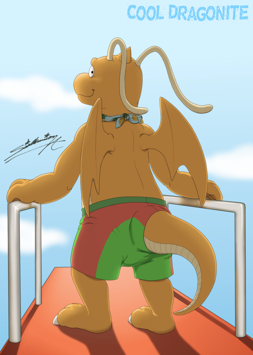 anthro clothing diving_board dragonite generation_1_pokemon green_clothing green_swimming_trunks green_swimwear hi_res male nintendo orange_body pokemon pokemon_(species) rear_view red_clothing red_swimming_trunks red_swimwear sagadreams solo swimming swimming_trunks swimwear