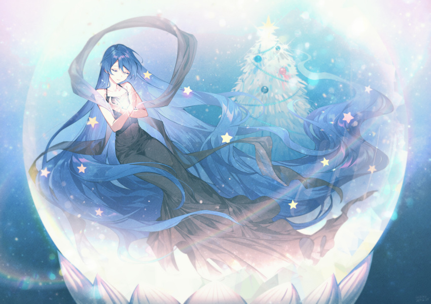 blue_hair christmas dress long_hair original ot-nm tree