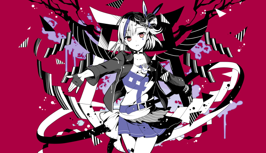 angel_(vocaloid) bati15 belt bracelet choker cowboy_shot female fingerless_gloves gloves hair_ornament highres jacket jewelry layered_clothes limited_palette multicolored_hair official_art one_side_up open_clothes open_jacket outstretched_arms pleated_skirt prismplus purple_hair red_eyes shirt short_hair skirt solo spread_arms streaked_hair symbol_in_eye tenjin_kotone thigh_strap torii virtual_youtuber white_hair