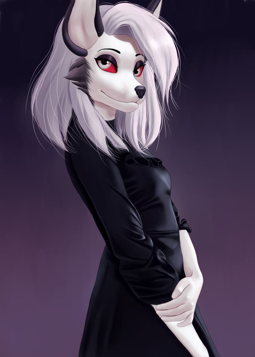 2023 absurd_res anthro black_clothing black_nose canid canid_demon canine canis clothed clothing demon demongirl_demoness digital_drawing_(artwork) digital_media_(artwork) dress eyebrows female fur grey_hair hair hellhound helluva_boss hi_res loona_(helluva_boss) mammal mythological_canine mythological_creature mythology portrait red_sclera shaded solo white_body white_fur wolf