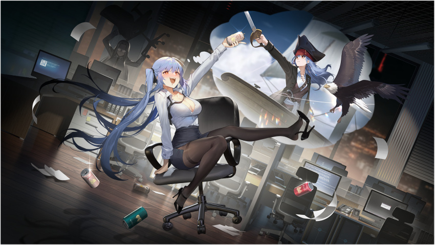 2girls :d absurdres alcohol animal arm_support arm_up azur_lane beer_can belt bird black_footwear black_headwear black_jacket black_necktie black_pantyhose black_ribbon black_skirt blue_hair blue_screen_of_death blush braid breasts button_gap can chair cleavage collared_shirt computer_keyboard desk dress_shirt drink_can drooling drunk eagle essex_(azur_lane) essex_(crossbones_especial)_(azur_lane) glint gun hair_ribbon hat high_heels highres holding holding_can holding_chair holding_sword holding_weapon imagining imminent_throw indoors jacket kexue large_breasts logo long_hair long_sleeves looking_at_viewer loose_necktie miniskirt monitor multiple_girls multiple_views necktie night non-web_source office office_chair office_lady official_alternate_costume official_art open_clothes open_mouth pantyhose pencil_skirt qr_code red_eyes ribbon saber_(weapon) shangri-la_(azur_lane) sheath ship shirt shoe_dangle shoes sitting skirt smile solo_focus swivel_chair sword thighband_pantyhose thought_bubble twintails very_long_hair vest watercraft weapon white_shirt