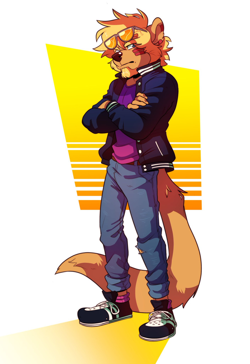 anthro beard blonde_hair blue_eyes brown_body brown_fur brown_nose clothed clothing eyewear eyewear_on_head facial_hair facial_markings fully_clothed fur hair head_markings herpestid hi_res komoroshi_(artist) male mammal markings mongoose seth_häser solo sunglasses sunglasses_on_head