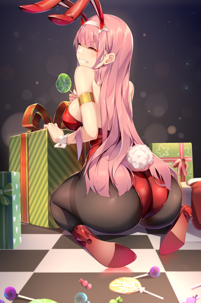 absurdres animal_ears armlet ass bare_shoulders box breasts brown_pantyhose candy checkered_floor christmas closed_eyes commentary darling_in_the_franxx eyeshadow fake_animal_ears female food from_behind gift gift_box grin high_heels highres horns large_breasts leotard lollipop long_hair looking_back makeup on_floor pantyhose parted_lips pink_hair playboy_bunny rabbit_ears rabbit_tail red_footwear red_leotard red_ribbon ribbon sgt-jz sidelocks smile solo tail thighband_pantyhose v-shaped_eyebrows very_long_hair wrist_cuffs zero_two_(darling_in_the_franxx)